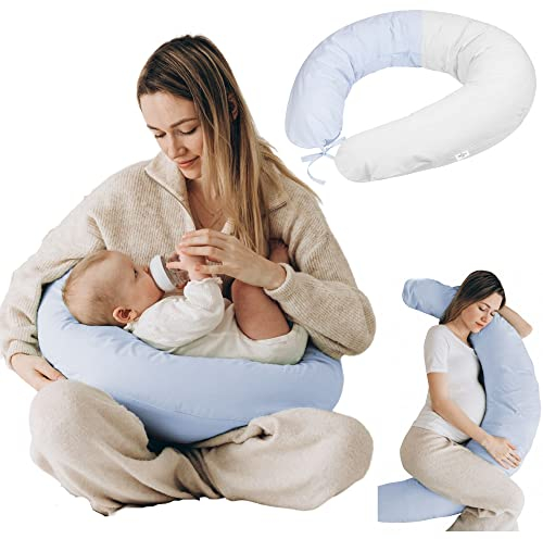 Stillkissen XXL lang Hellblau + 2ter Bezug in Grau: bequem Stillen (gut formbar, leise) + Schlafen |190cm Seitenschläferkissen Schwangerschaftskissen | Baby Erstausstattung Neugeborene Nursing Pillow