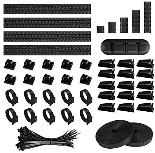 Relota 156 piezas Kit de Gestión de Cables, 5 Soportes Autoadhesivos 4 Funda de Cable 35 Cable Clips 100 Bridas de Cable 2 rollos Corbata Autoadhesiva 10 Correa, para TV, electrónica, etc