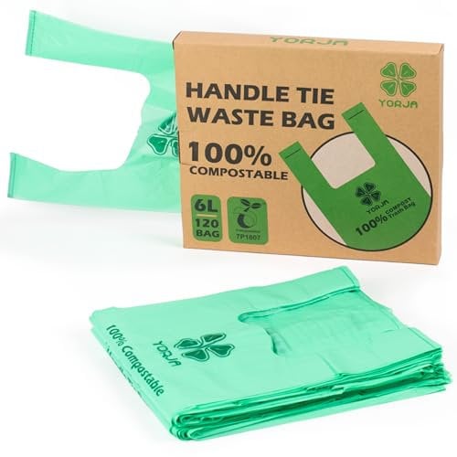 YORJA 6L Tie Handles Compost Caddy Liners 120 Count, 100% Biodegradable Kitchen Bin Bags, Compostable Food Waste Bags with Europe EN13432 & ASTM D6400 Certified
