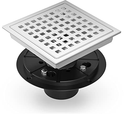 EXF 6 Inch Square Shower Drain Chrome, Stainless Steel Shower Floor Drain Kit with ABS Flange, Removable Grid Cover, Hair Strainer