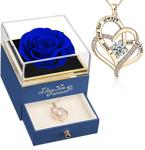 WILDLOVE Blue Rose with I Love You Heart Necklace, Flower Gifts for Women Mom Wife Grandma and Girlfriend on Christmas, Anniversary Birthday Gifts for Her