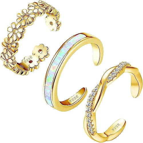 JeryWe 3Pcs 925 Sterling Silber Zehenringe für Damen Mädchen Blume Twist Opal Band Fuß Ringe Verstellbare 14K Weißgold gefüllte Sommer Strand offene Zehenringe Fußschmuck Set Hypoallergen Gold