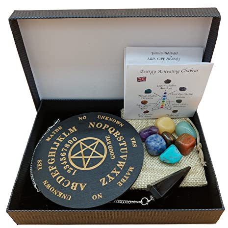 Taschen Pendel Set Schwarzer Turmalin Edelstein Pendel 7 Chakra Edelsteine in Geschenkbox | Metaphysik Esoterik Hexerei