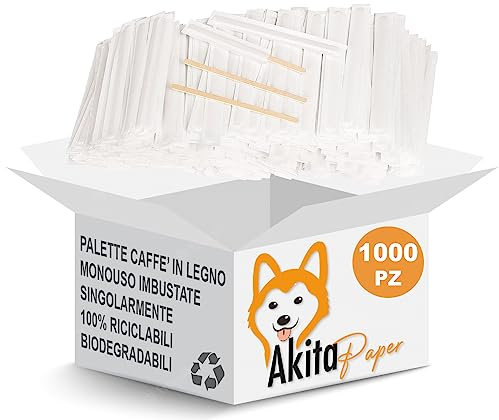 1000 Palette caffè monouso confezionate singolarmente, palettine in legno biodegradabili, compostabili e resistenti al calore, per Girare Zucchero Bevande e Caffe nei Bicchierini (1000 IMBUSTATE)