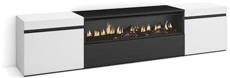 Skraut Home | TV-Schrank, Lowboard | für Wohnzimmer und Esszimmer | 200x45x35cm | Für TV-Geräte bis zu 80 | Elektrokamin. Maße | Moderner Stil | Weiß und Schwarz