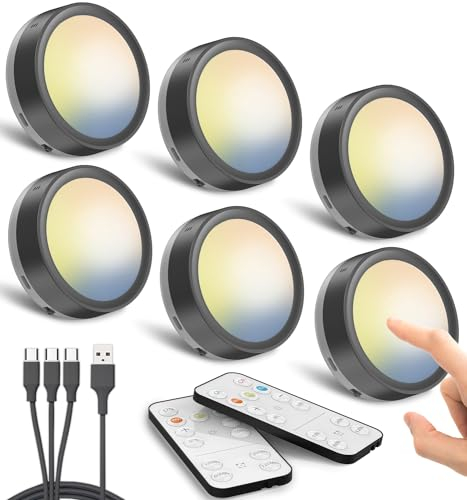 Foco LED Recargable USB para Interior, 1600mAh Luz LED Armario Pilas con Mando Luces Vitrina Sin Cable Magnética Lámpara Cocina Debajo Mueble Adhesiva Luz Pulsador Iluminacion Tactil Inalambrica Negra