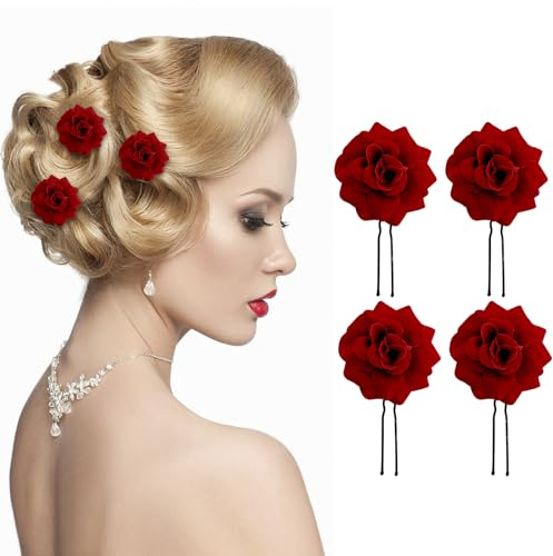 4 Stück Rose Haarspangen,U Form Rose Floral Bobby Pins, U-Form, Rosen-Haarnadeln, Vintage-Rosen-Haar-Accessoires,Blumen-Haarschmuck für Frauen Mädchen Hochzeit Brautjungfer Braut (Rot)