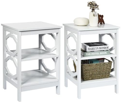 GIANTEX 2er Set Nachttisch, Beistelltisch Nachtschrank Holz 3 Ebenen, kleine Nachtkommode Nachtkonsole, Sofatisch Couchtisch Flurtisch Telefontisch für Wohnzimmer Schlafzimmer 40x40x61cm Weiß