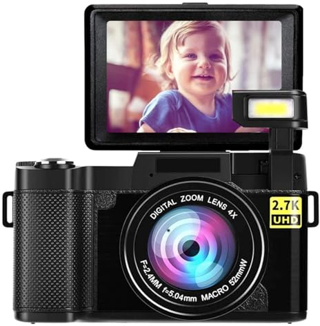 Fotocamera Reflex Digitale, Fotocamera HD con Zoom da 48 MP, Fotocamera per Vlogging Full HD da 2,7 K con Rotazione di 180 Gradi e Schermo LCD da 3,0 Pollici, Batteria da 800 MAh