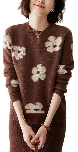 e-girl Pull Cachemire 95% Femme Col Rond Marron Fleurs Tricoté en Vrac Manches Longues épais Pull en Cachemire et Laine,40,YD2307