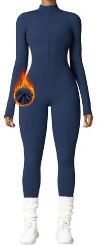 OEAK Damen Sport Jumpsuit Lang Eng Yoga Overall Langarm Rollkragen Playsuits mit Reißverschluss Nahtloser Fleece gefüttert Bodysuit Einteiler Romper,Blau,L