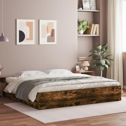 vidaXL Engineered Wood Bed Frame with Drawers - Smoked Oak Super King Size with Plywood Slats & Storage Function for Bedroom