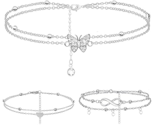 Aucuu 3pcs Bracelets de Cheville pour Femme, Chaîne de Cheville de Style Bohème, Bracelet Cheville Reglable, Argent Bracelets de Cheville de Plage d'Été, Bijoux de Plage pour Femmes et Filles