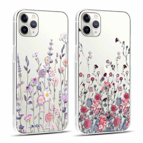 Xylota 2 Stück Handyhülle für iPhone 11 Pro Max 6,5 Hülle, Transparent Case mit Aesthetic Muster Blumen, Durchsichtig Weich Silikon Ultra Dünn TPU Stoßfeste Kratzfest Schutzhülle Frauen Mädchen Cover