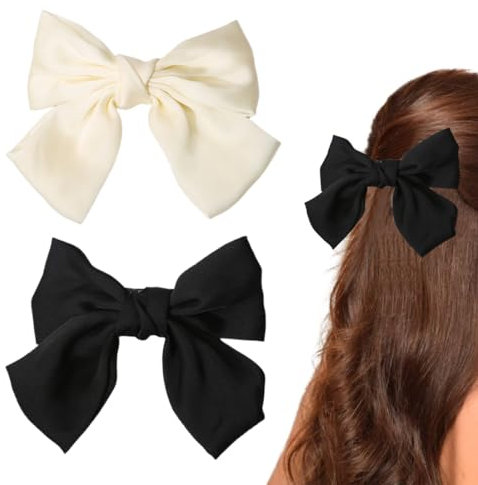 QEQSHQO Elegantes Pasadores de Estilo Vintage para Mujeres y Niñas, 2PCS Clip para el Pelo Francesa con Lazos Grandes, Pinzas para el Cabello con Lazo (Negro, Blanco)