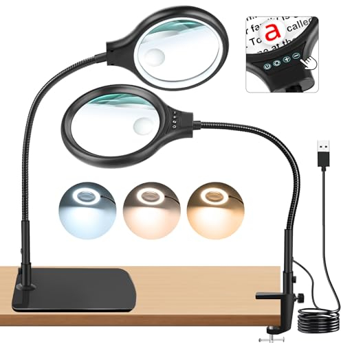 JUOIFIP Lupe 10 X 20 mit LED-Licht und Ständer, 2-in-1 beleuchtete Lupe Flexible Schwanenhals große Basis & Klemme, Leselupe für Senioren Reparatur-Handwerk Löten Lesen Vergrößerungsglas
