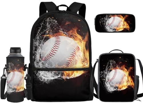 TOADDMOS Kinder-Rucksack für Jungen und Mädchen, Schultertasche, Büchertasche mit Lunchbox, Federmäppchen, Wasserflasche, Tragetasche, 4-teilig, Baseballball, Rucksack Backpacks