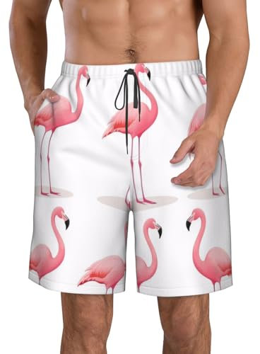 ZHONGSK Short de bain pour homme - Séchage rapide - Avec poches - Hello Hawaï - Short de bain d'été pour homme, Flamants roses sur blanc, S