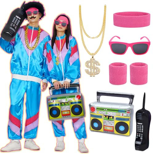 80s Shell Suit Costume for Men Women, 90s 80s Fancy Dress Men Women with Accessories with Neon Shell Suit, Headband, Sunglasses, Inflatable Radio Retro Tracksuit Adult Jacket Trouser (Blue, XXL)