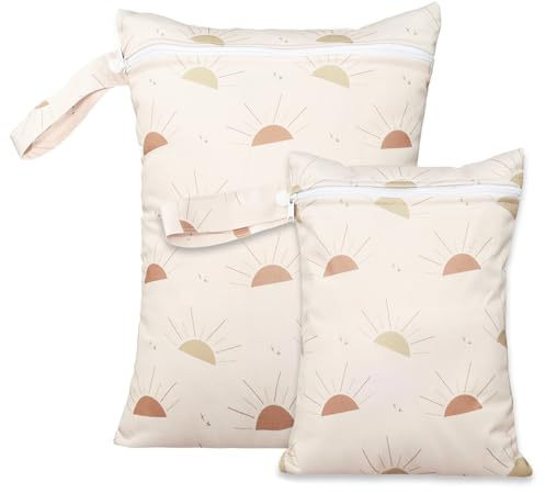 Wet Bag Impermeabili (2 Misure), Borsa Riutilizzabile per Pannolini e Parti del Tiralatte, con Tasche con Zip e Manico, Ideale per Viaggio, Spiaggia, Piscina, Palestra e Costumi Bagnati – Set da 2