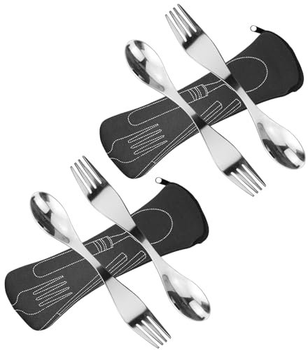 Reuseable Sporks Stainless Steel 4pcs, Portable Cutlery Spoon Fork Camping Cutlery Set with Bag for Travel Outdoor Picnic (Black)