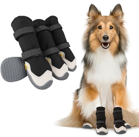 Dopoy Hundeschuhe, 4 Stück, Pfotenschutz, Kurzer Stil, Wasserdichte Hundeschuhe, Mit Rutschfester Gummisohle und Reflektierenden Riemen, Atmungsaktiv, Dog Shoes (Schwarz&Weiß, 5#)