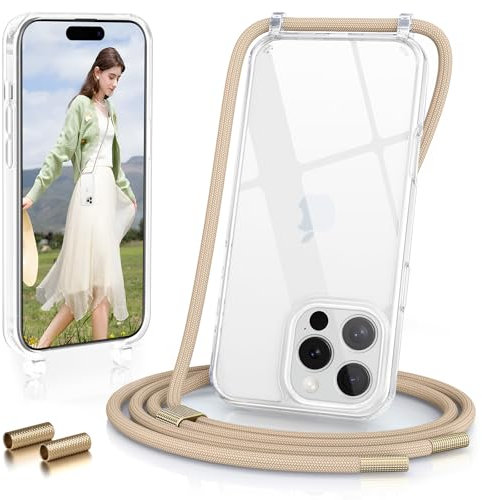 GOODVISH Handykette iPhone 16 Pro Max Hülle mit Band 6,9 Zoll, Transparent Necklace Handyhülle 16 Pro Max mit Kette, Stossfest Schutzhülle, [Abnehmbar Umhänge] Stylische case, Helbraun