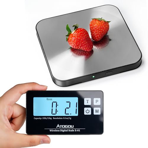 ATOGOU 15kg/1g kabellose Küchenwaage mit Fernanzeige, Edelstahl-Waagschale mit Magnet, geeignet für Lebensmittel, Diät, Backen, Verpackung, große Artikel usw. X01 schwarz& Grau.