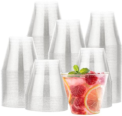 MATANA 120 Gobelets en Plastique Dur Transparent Paillettes Argentées (255 ml / 9 oz) - Verres Élégants et Réutilisables pour Anniversaires, Mariages, Noël, Barbecues, Fêtes