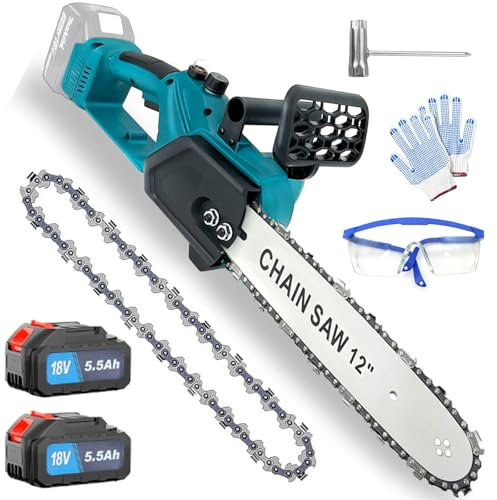 11000mAh Cordless Chainsaw 12 inches, Powerful Electric Battery Chainsaw with 2 Chains and 1 Guide Bars, 2X 5500mAh Batteries, Chain Saw for Garden Tree Pruning, 650W Chain Saw