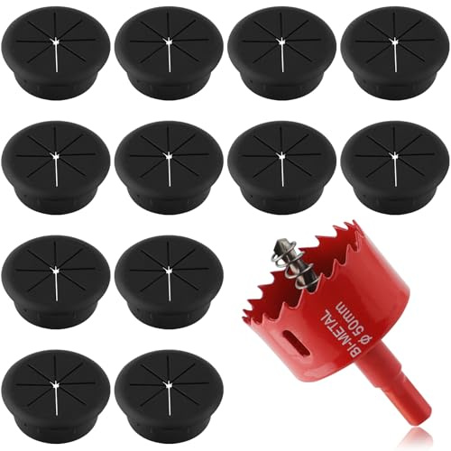 Lot de 12 œillets de bureau de 50 mm, cache-trou de bureau pour câbles avec scie cloche, cache-trou en plastique pour bureau, table, armoire, comptoir et autres meubles (noir)