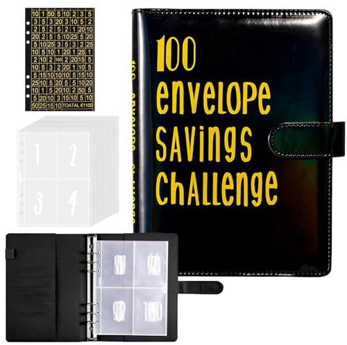 Ringbuch A5,100 Envelope Saving Challenge mit Challenge Tracker und Pre-numbered Taschen,für Budget Planner,Budget Binder,Geld Sparen Challenge,Sparbuch,Geburtstags Geschenk(Schwarz)