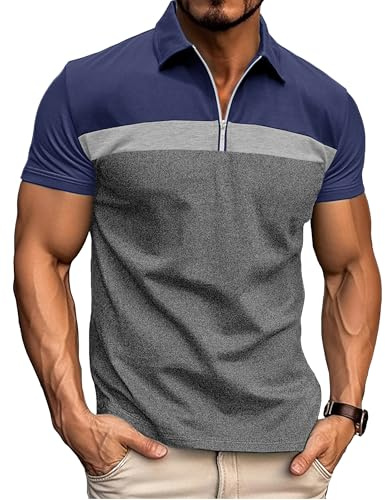 Ryehack Poloshirt Herren Kurzarm mit Reißverschluss & Raglan - Baumwolle Tshirts für Sport & Freizeit, Blau+Grau, XL