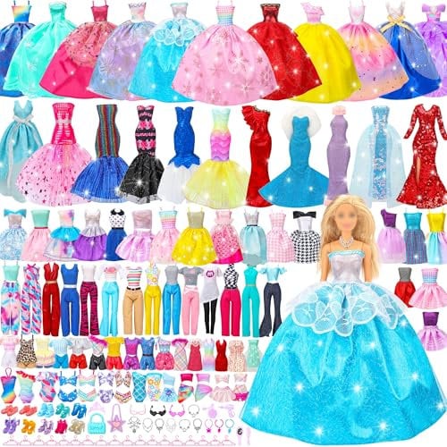 70-teiliges Puppenkleidungs-Geschenkset für 29,2 cm große Puppen & Barbie – 4 Hochzeitskleider, 2 Abendkleider, 8 modische Kleider, 6 lässige Outfits, 2 Badeanzüge, 10 Schuhe, 20 Accessoires, 18