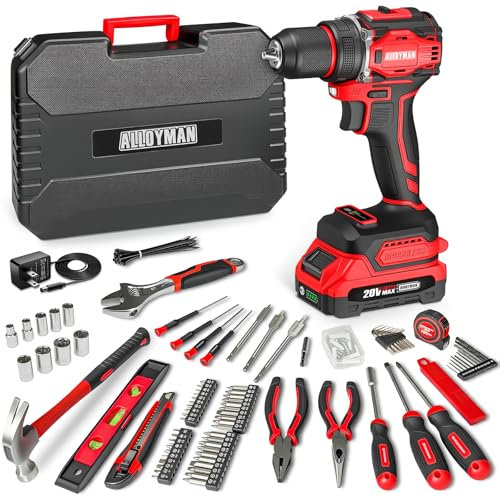 Alloyman 20V MAX Akku Bohrschrauber Set, Werkzeugkoffer mit Akkuschrauber, bürstenloser Motor, 1800 U/min, max 60 Nm Drehmoment, für tägliche Projekte und Reparaturen