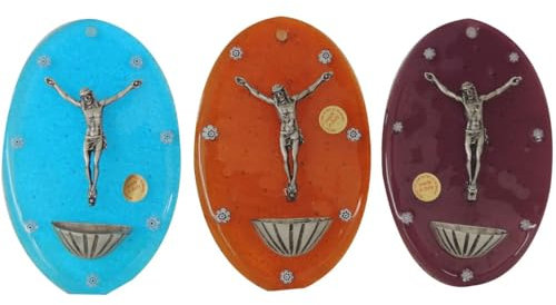 Weihwasserkessel aus Muranoglas, oval mit Körper Christus, 3 Farben, Hellblau, Orange, Bordeaux, 10 x 16 cm (Hellblau)