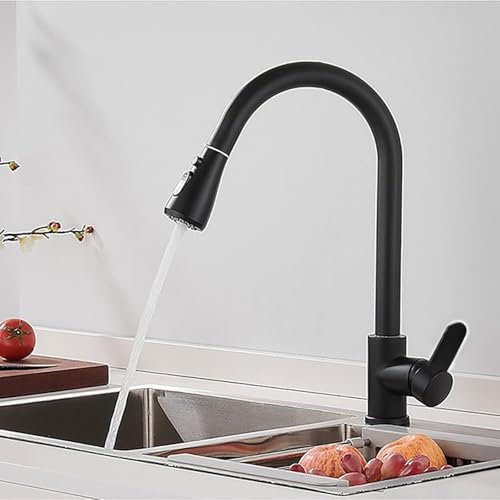 Djedjeo Robinet de cuisine amovible rétractable, robinet de cuisine pivotant à 360 °, mélangeur de cuisine en acier inoxydable à 3 modes, robinet d'évier de cuisine (noir-h)