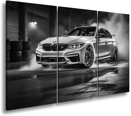 deyoli Leinwandbild Rauch und Power – ein BMW entfesselt pure Drift-Energie. Format: 120x80cm (3Teilig) Effekt: Schwarz&Weiß XXL Kunstdruck Bild auf Keilrahmen/Wandbild/Wohnzimmer Dekoration