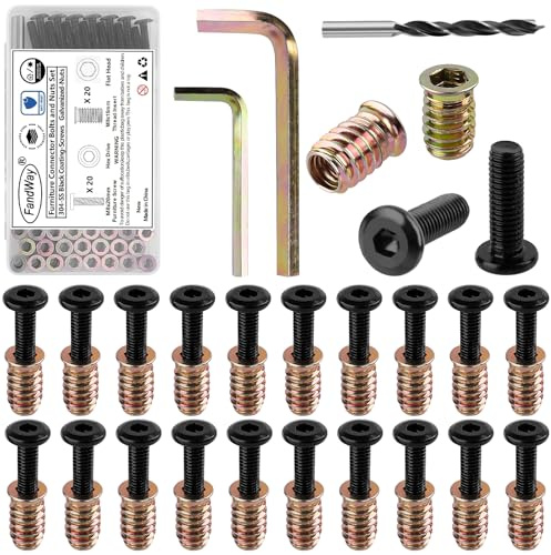 FandWay 40 Stück Gewindeeinsatz Holz Möbelschrauben M8x20mm Flachkopfschrauben und M8x15mm Einschraubmutter Sortiment Kit Einschraubgewinde Muttern für Holzmöbel mit 2 Schlüssel & 1 Bohrer.