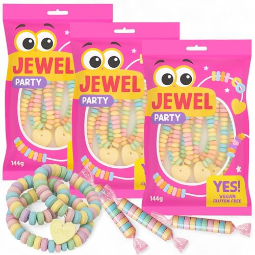 MIJOMA Candy Jewel Party – veganes Traubenzucker-Süßigkeiten-Set aus Bonbonketten, Armbändern & Rollen – 3 Tüten à 144g – glutenfrei, Süße Ketten zum Naschen & Verschenken, Einzeln verpackt