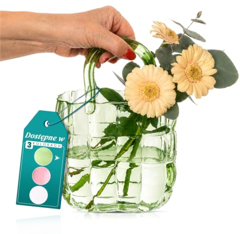 comforder Glas Vase Handtasche für Blumen, 19x11x28 cm (Grün) | Design Blumenvase, dickwandiges robustes Glas, moderne Tischdeko Hochzeit, vielseitig einsetzbar