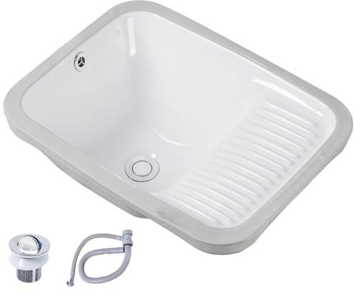 Unterbau Einbauwaschbecken mit Waschbrett, Weißes Keramik Waschbecken mit Überlauf für Badezimmer, Toiletten, Balkone und Waschküchen(56x38x18cm/22x15x7in)