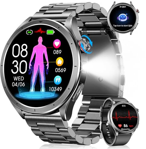 Smartwatch Uomo con ECG+HRV, AI GPT Orologio Uomo con Pressione Sanguigna, Frequenza Cardiaca, SpO2, 24H Sonno, 120+ Modalità Sportive IP68 Smartwatch Fitness, Notifiche Messaggi Android iOS Nero