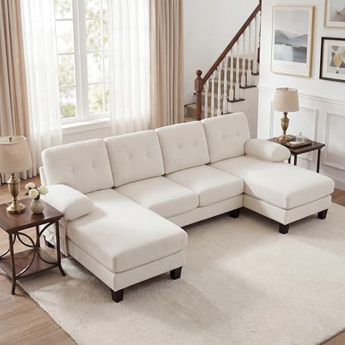 Taikonaut U-Sofa, Schlafsofa, Chenille Wohnlandschaft mit Doppel-Chaiselongue, beige Couch, 4-Sitzer, verstellbare Rückenlehne, Seitentaschen, abnehmbare Armlehnen, 268 128 84 cm