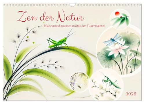 Zen der Natur - Pflanzen und Insekten im Stile der Tuschmalerei (Wandkalender 2026 DIN A3 quer), CALVENDO Monatskalender: Insekten und Pflanzen in der KI-Kunst des Fernen Ostens (CALVENDO Kunst)