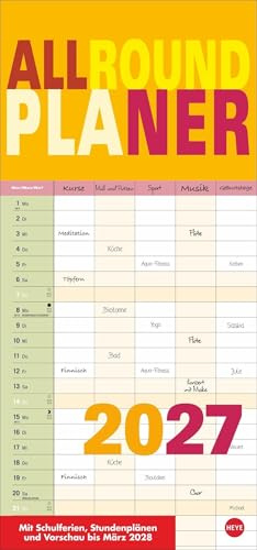 Allroundplaner 2027: Praktischer Wandplaner mit 5 Spalten. Wandkalender mit Schulferien und 3-Monats-Ausblick. Termin-Kalender 2027. 21 x 45 cm.