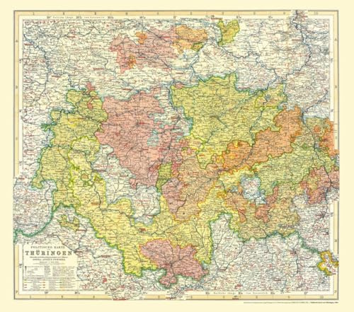 Politische Karte von THÜRINGEN - Herzogtümer und Fürstentümer 1904: Großherzogtum Sachsen-Weimar-Eisenach; Herzogtum S.-Altenburg, S.-Coburg und ... ... (ältere Linie), Reuss-Gera (jüngere Linie)