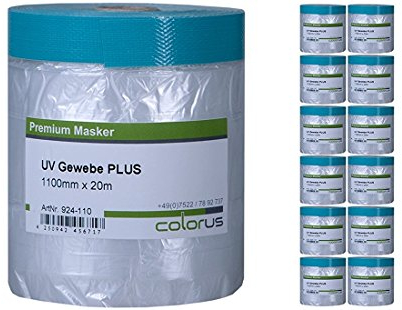 Colorus 12 x Masker Tape PLUS UV Gewebe 110 cm x 20 m Abdeckfolie | Maskerband Naturkautschukkleber | 21 Tage UV-beständig für raue Untergründe