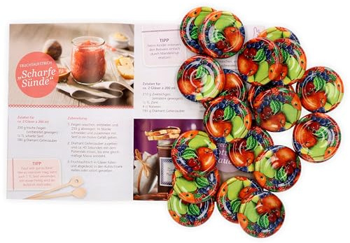 20er Set Deckel TO 43, passend für 37 ml / 53 ml Gläser, Obstdekor lackiert, Schraubdeckel für Sturzgläser, mit Gummidichtung incl. GRATIS Diamant-Zucker Rezeptheft