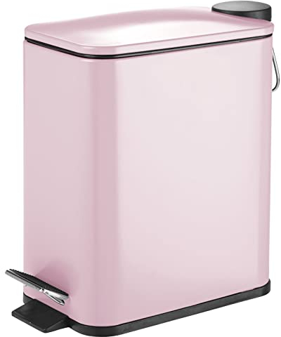 mDesign rechteckiger Tretmülleimer – 5 l Mülleimer aus Metall mit Pedal, Deckel und Kunststoffeinsatz – eleganter Kosmetikeimer oder Papierkorb für Bad, Küche und Büro – pink